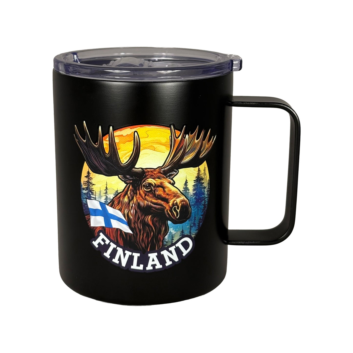 Svart termosmugg med älgillustration och texten "Finland" – stilren souvenir med nordisk känsla.