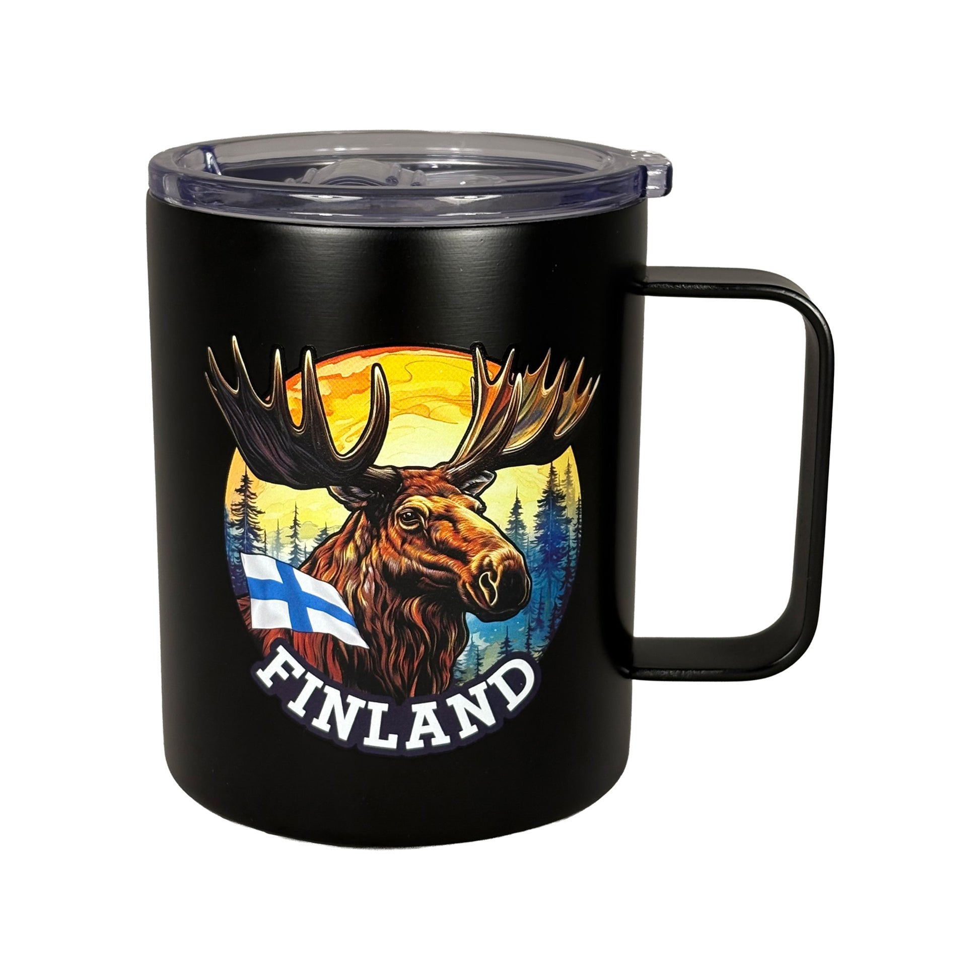 Svart termosmugg med älgillustration och texten "Finland" – stilren souvenir med nordisk känsla.