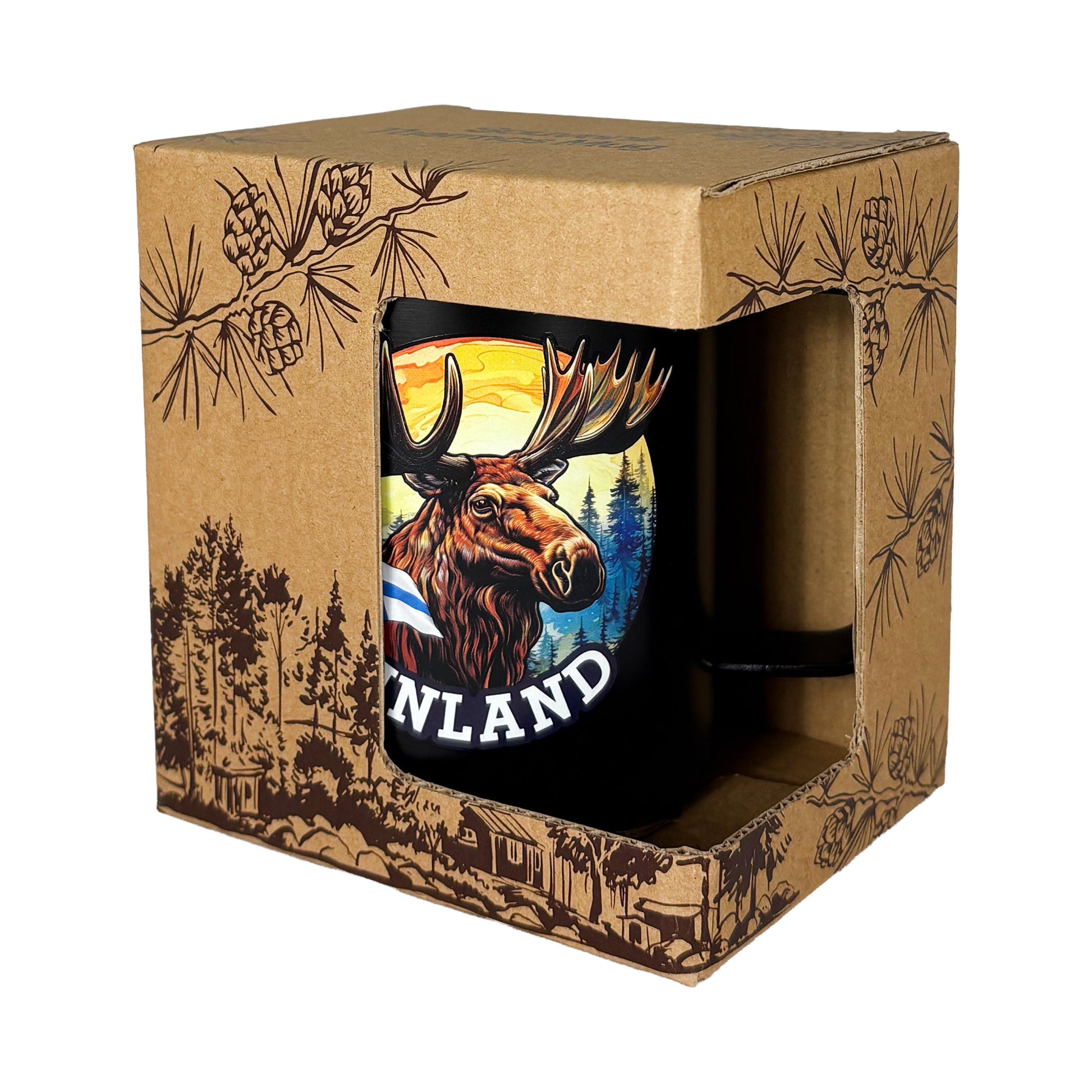 Svart termosmugg med älgillustration och texten "Finland" – stilren souvenir med nordisk känsla. Visas här i sin förpackning snett framifrån. 