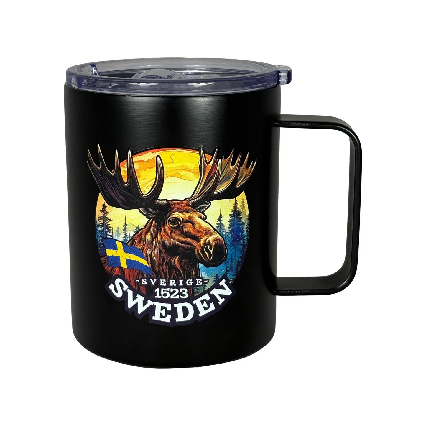 Svart termosmugg med älgillustration och texten "Sweden" – stilren souvenir med svensk känsla.