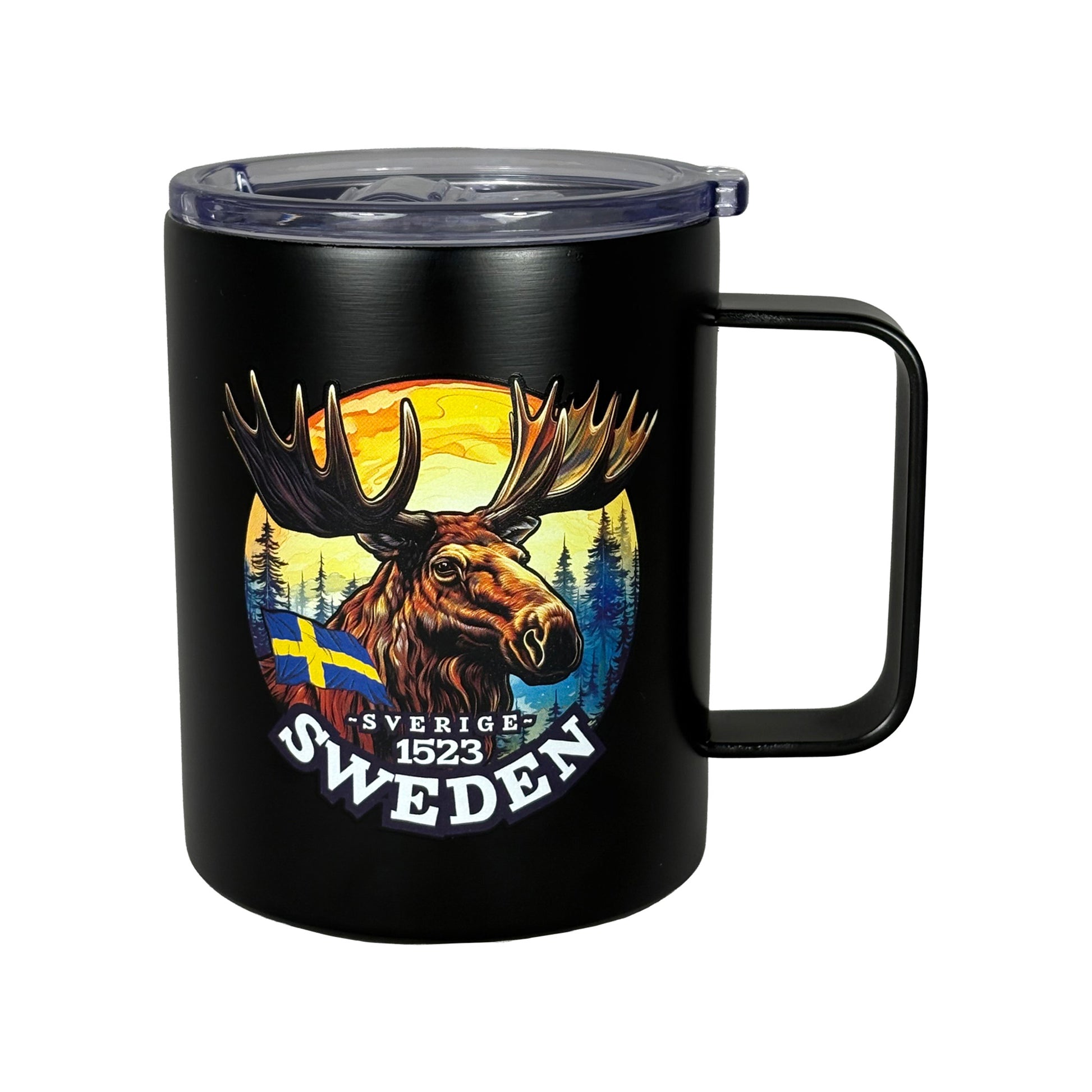 Svart termosmugg med älgillustration och texten "Sweden" – stilren souvenir med svensk känsla.