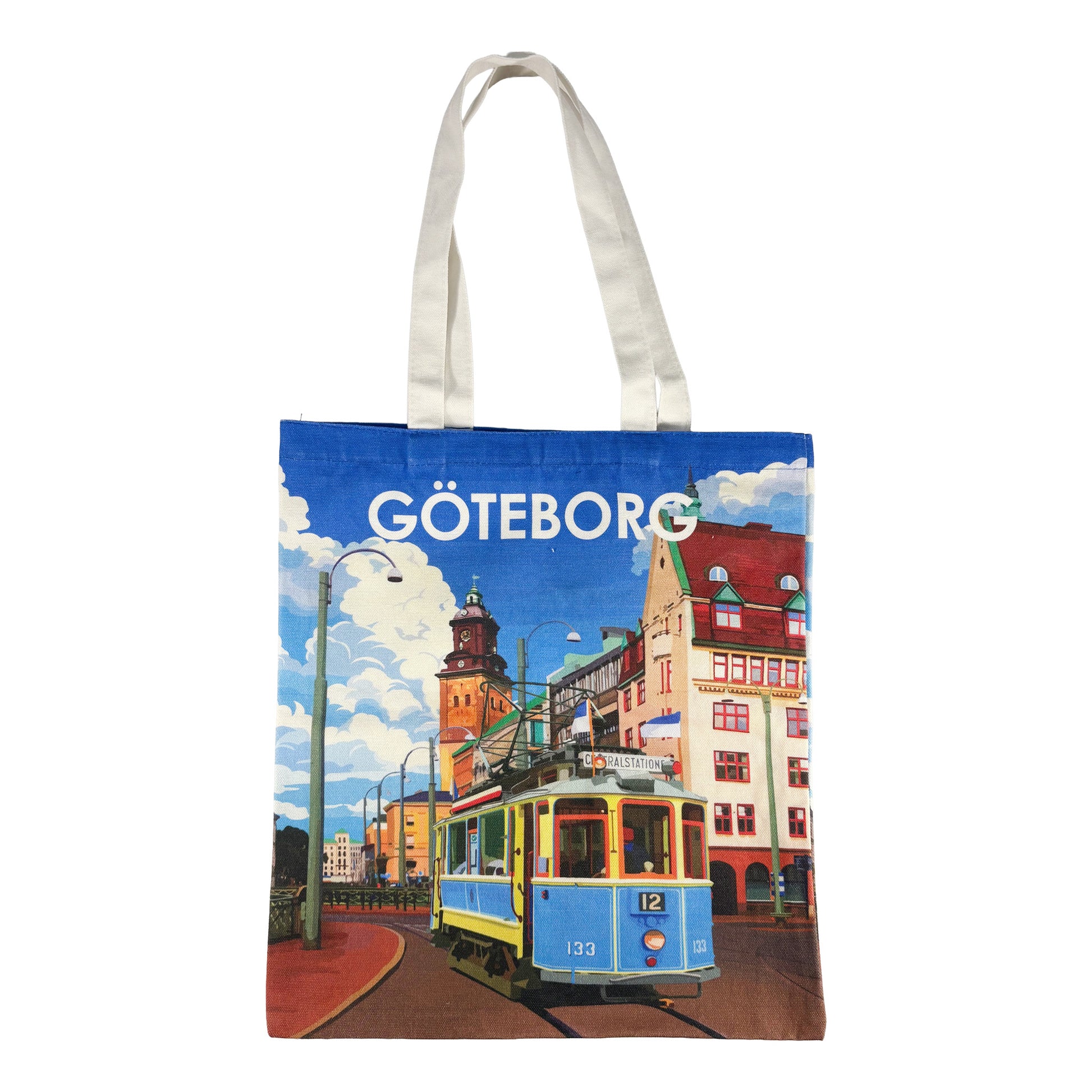 Tygkasse med motiv av en klassisk spårvagn i Göteborg.