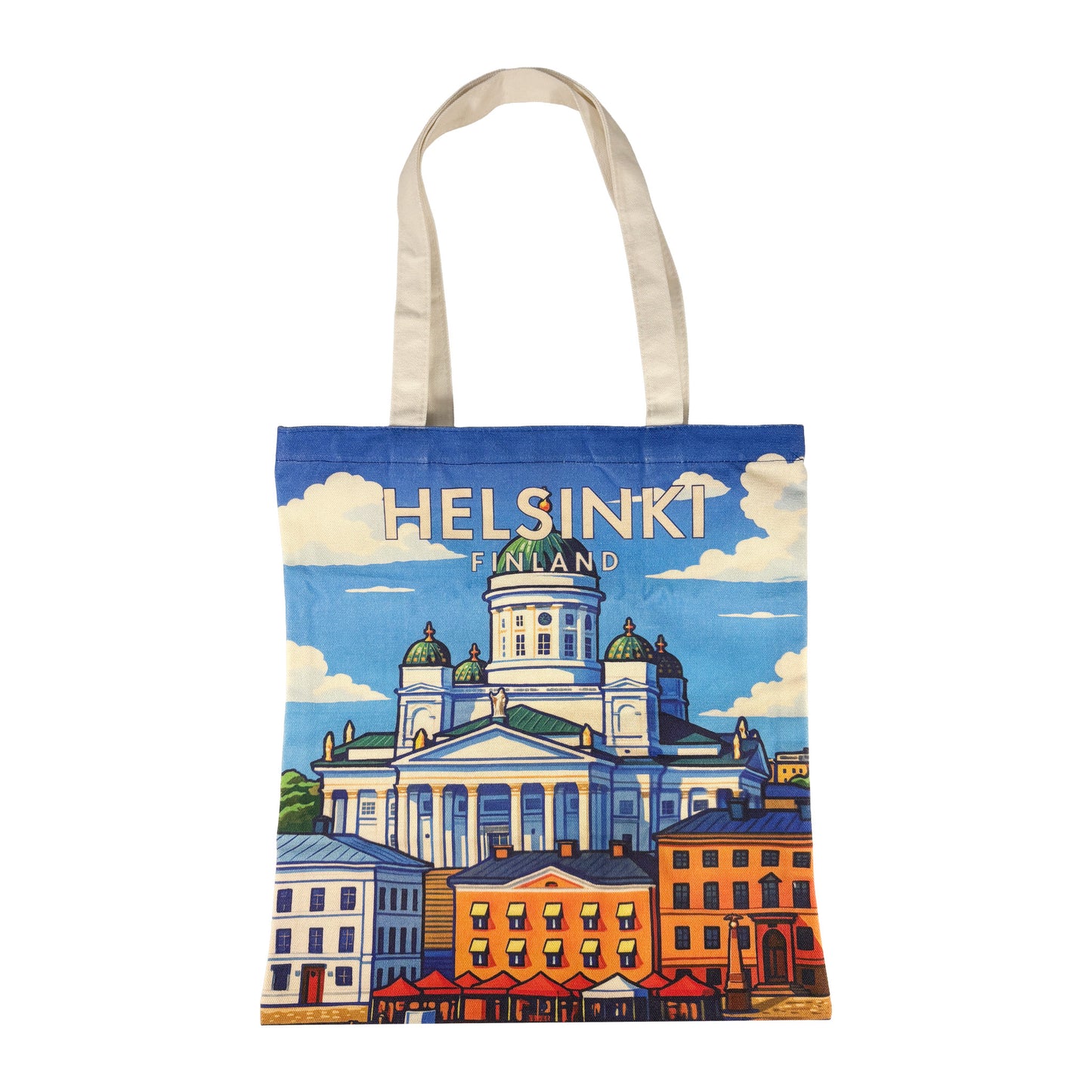 Tygkasse med färgstarkt motiv från Helsingfors och texten "Helsinki Finland".