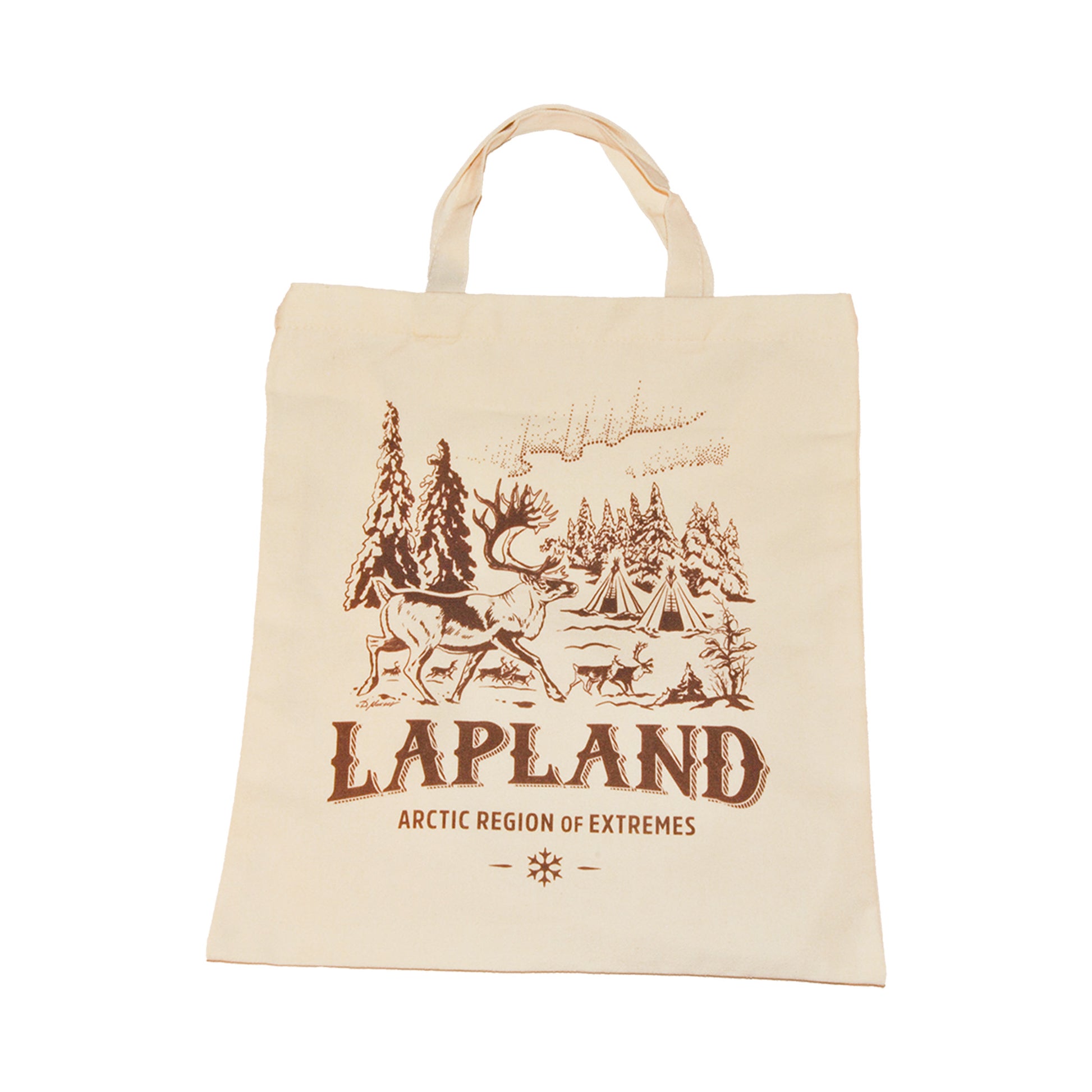 Tygkasse med motiv av renar i ett vackert landskap och texten “Lapland  Artic Region of extremes”.