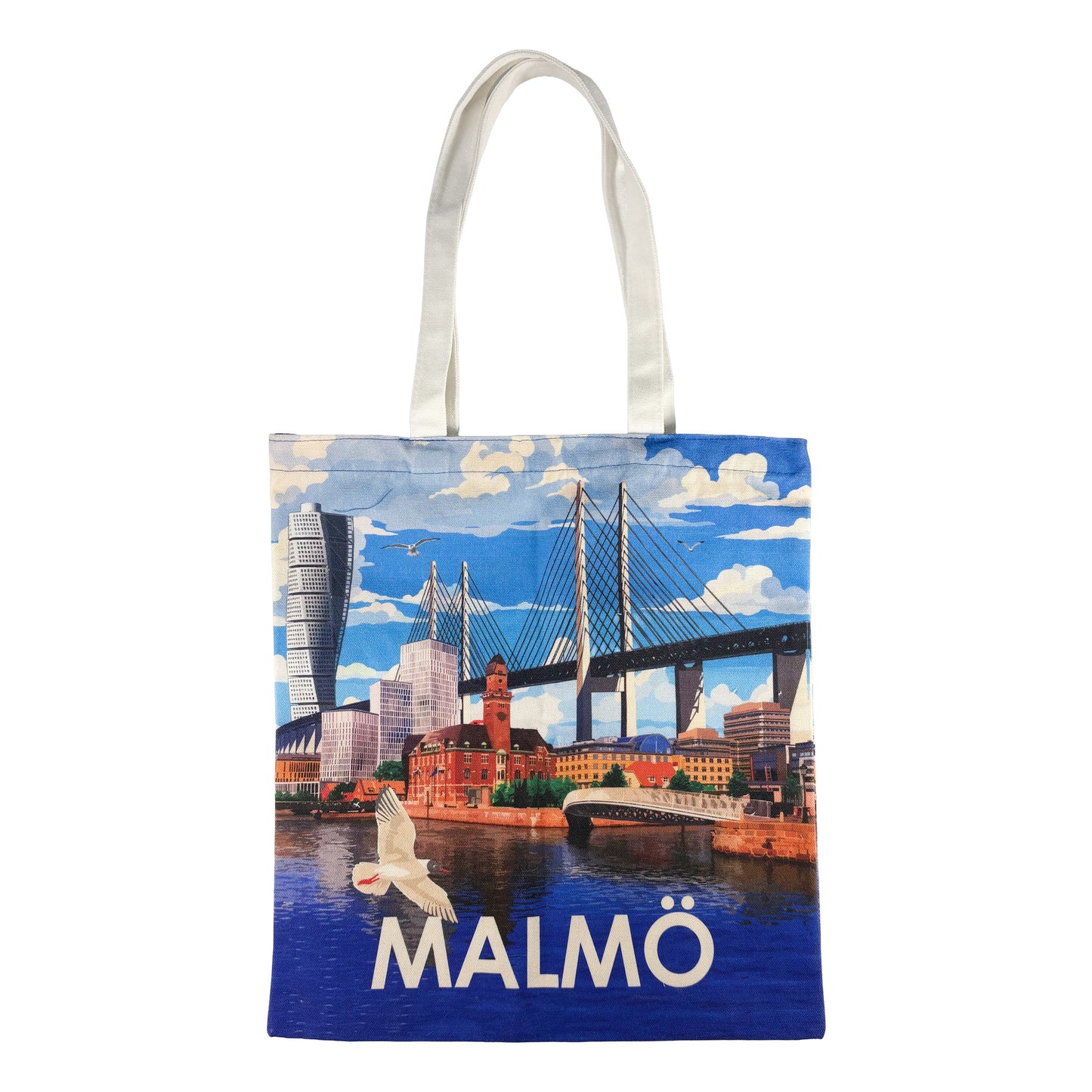 Tygkasse med motiv från Malmö – färgglad illustration som visar stadens silhuett och landmärken.