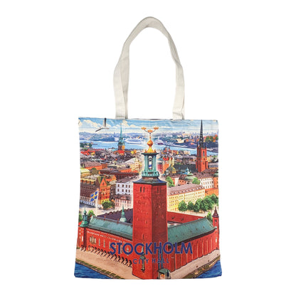 Tygkasse med motiv av Stortorget och Stadshuset i Stockholm.