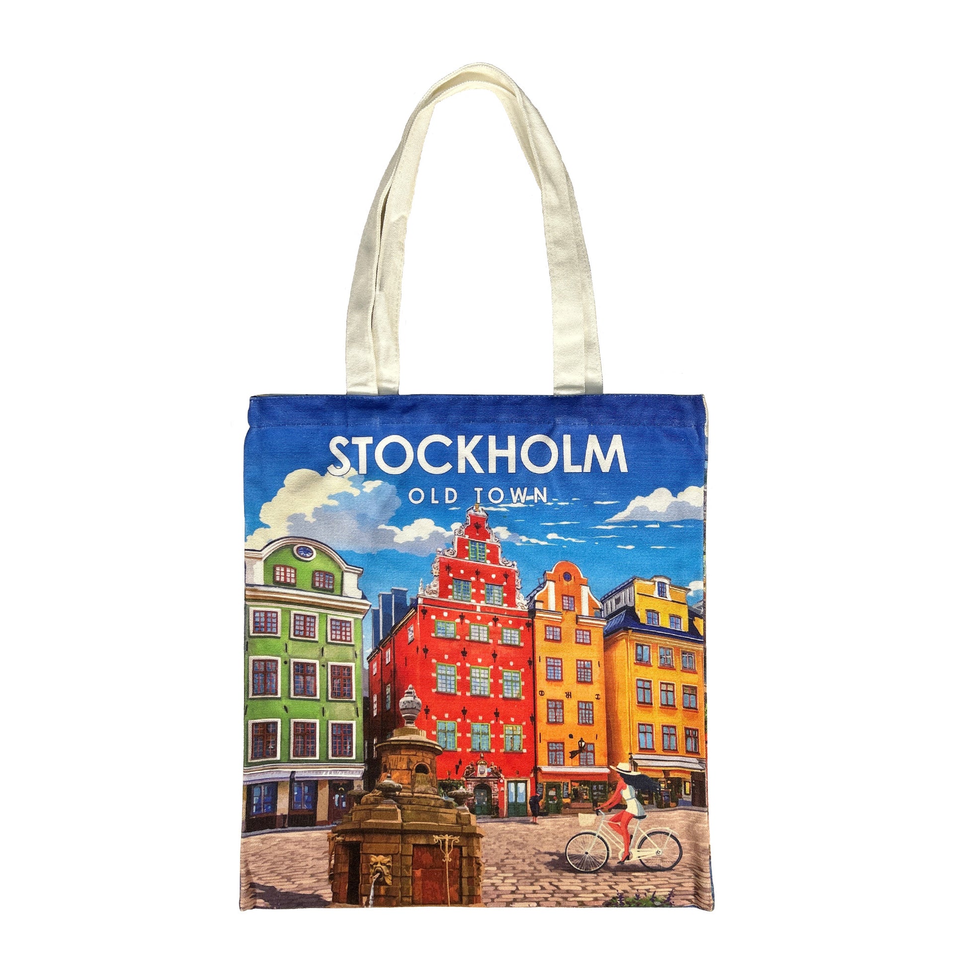 Tygkasse med motiv av stortorget i Stockholm.