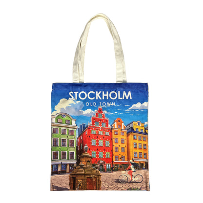 Tygkasse med motiv av stortorget i Stockholm.