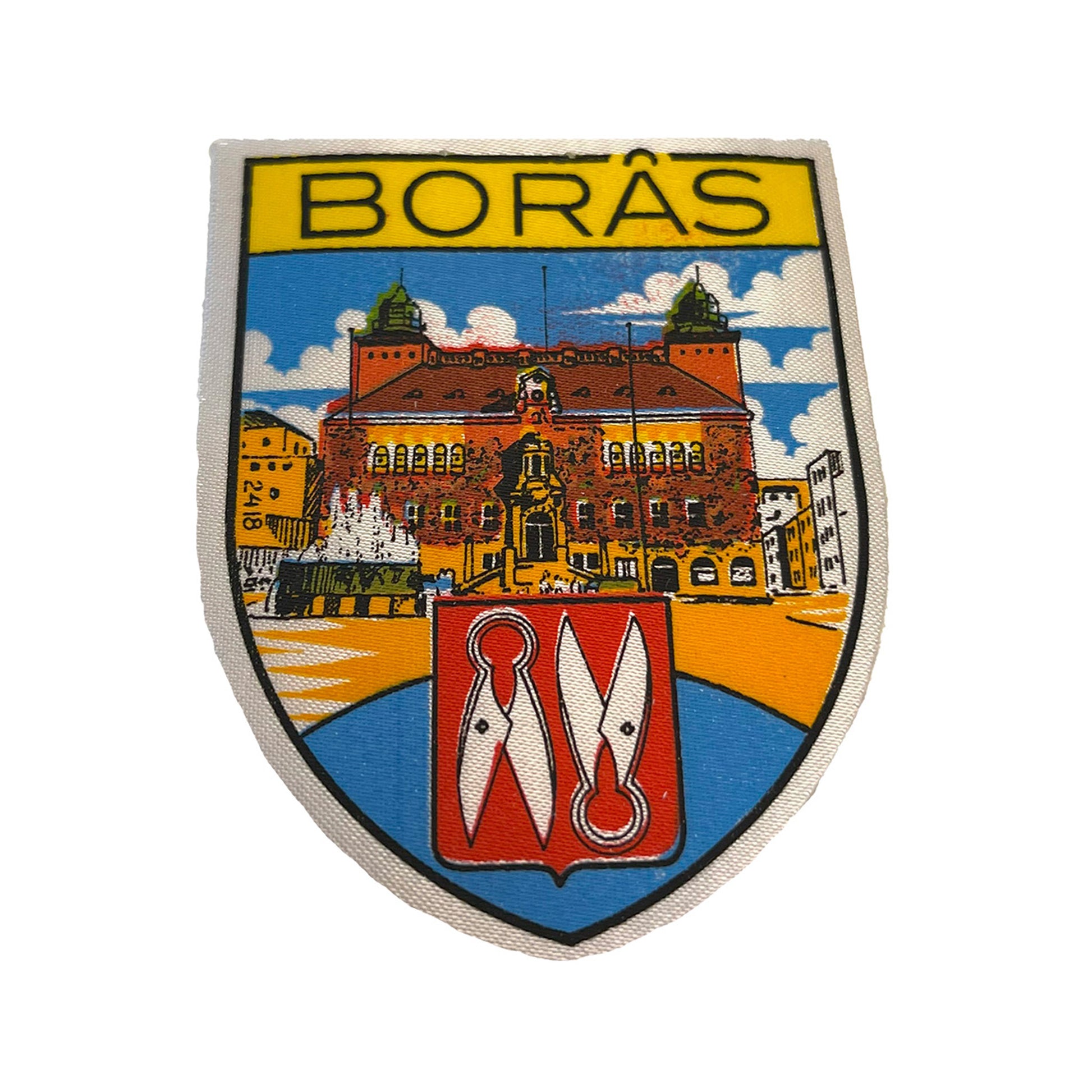 Tygmärke med motiv från Borås rådhus. Klassisk design med en nostalgisk och vintage känsla.