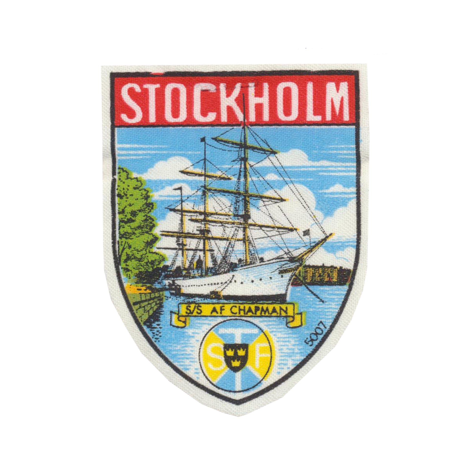 Tygmärke med motiv av Af Chapman i Stockholm – souvenirmärke i vintage stil, 7,5 x 5,5 cm, som sys fast. Perfekt för jacka eller ryggsäck.