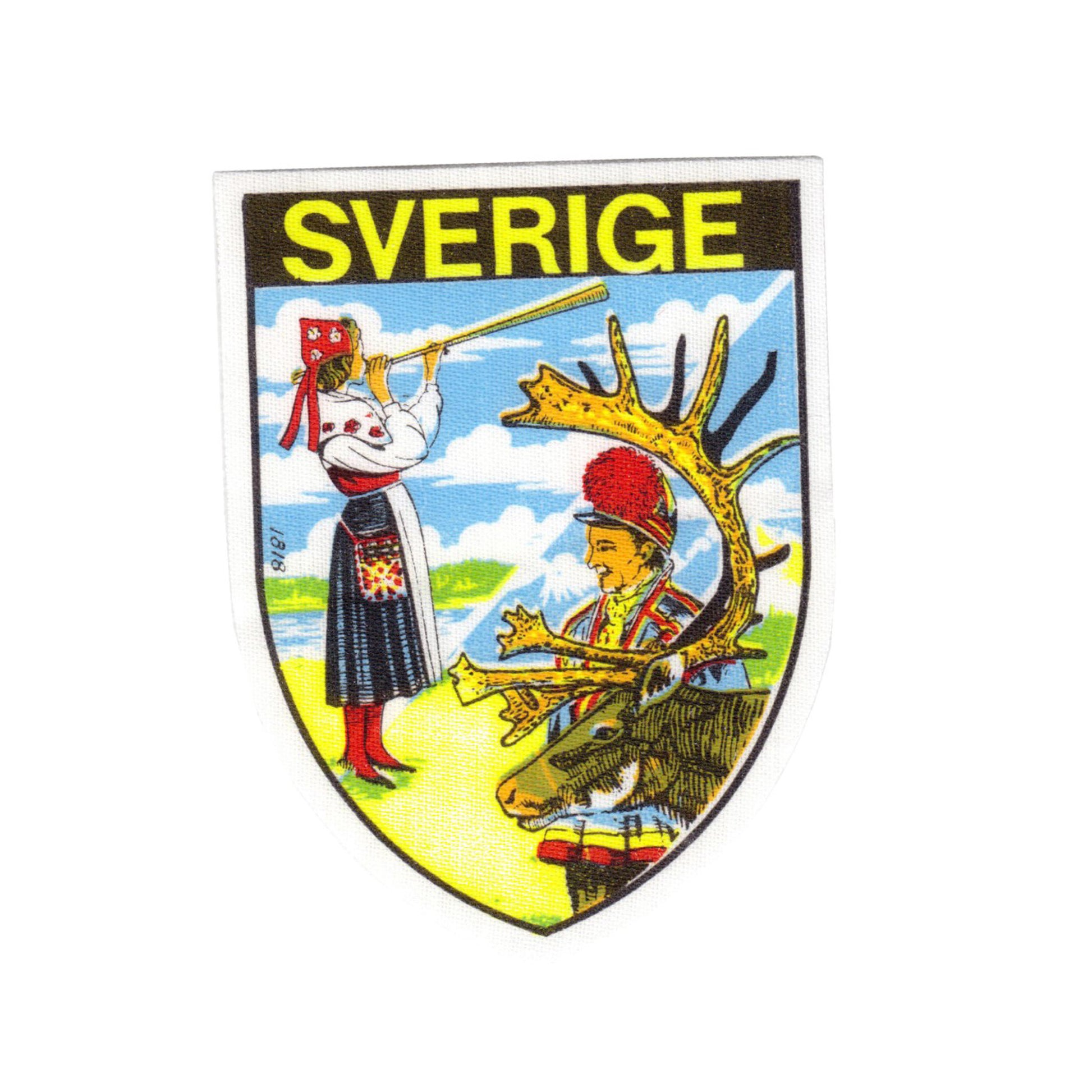 Tygmärke med motiv av en same och en dalkulla – souvenir i vintage stil, 7,5 x 5,5 cm, som måste sys fast. Passar perfekt på jackor eller väskor.