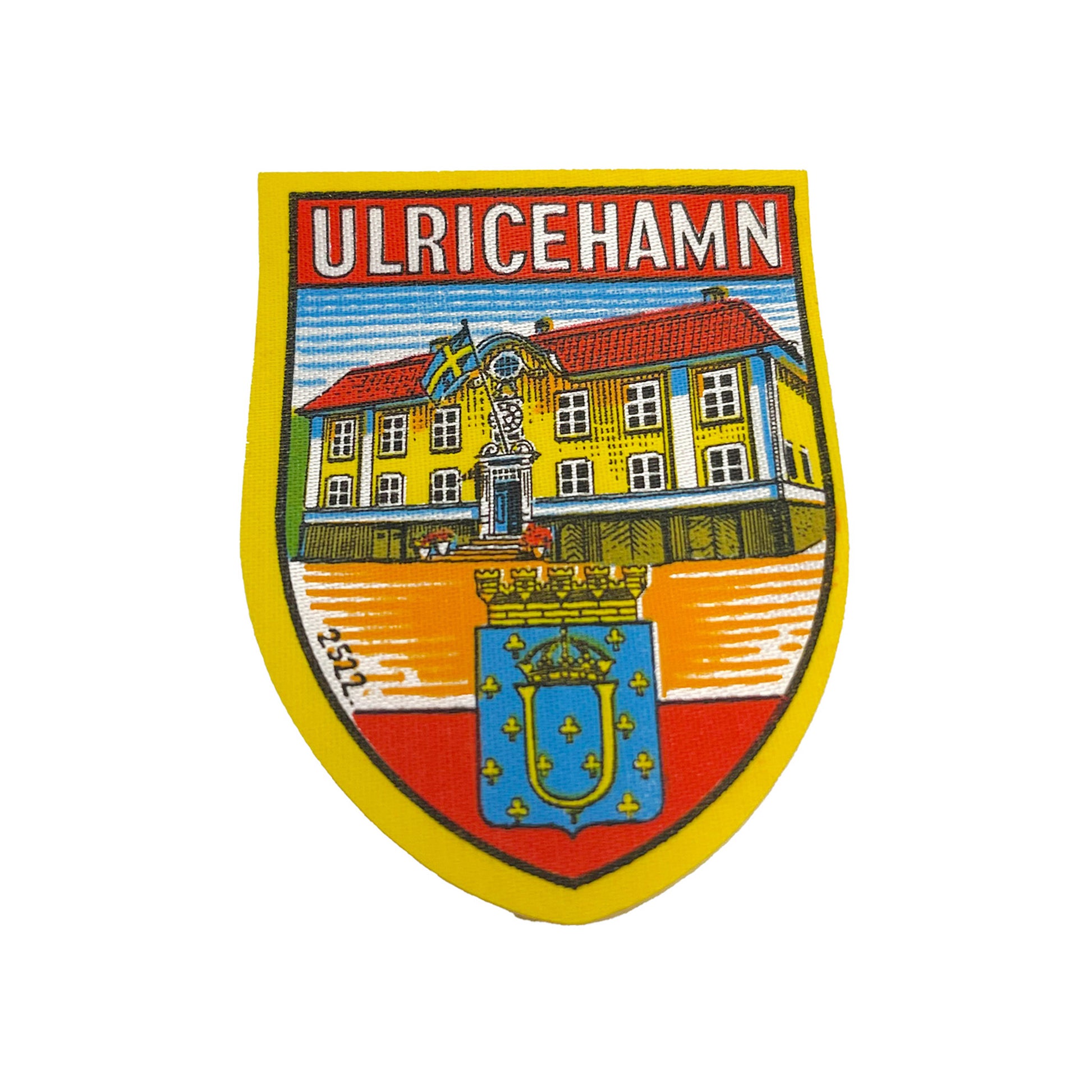 Tygmärke med motiv från Ulricehamn – klassiskt souvenirmärke i vintage stil, 60x82 mm, perfekt att sy fast på jacka, väska eller ryggsäck.