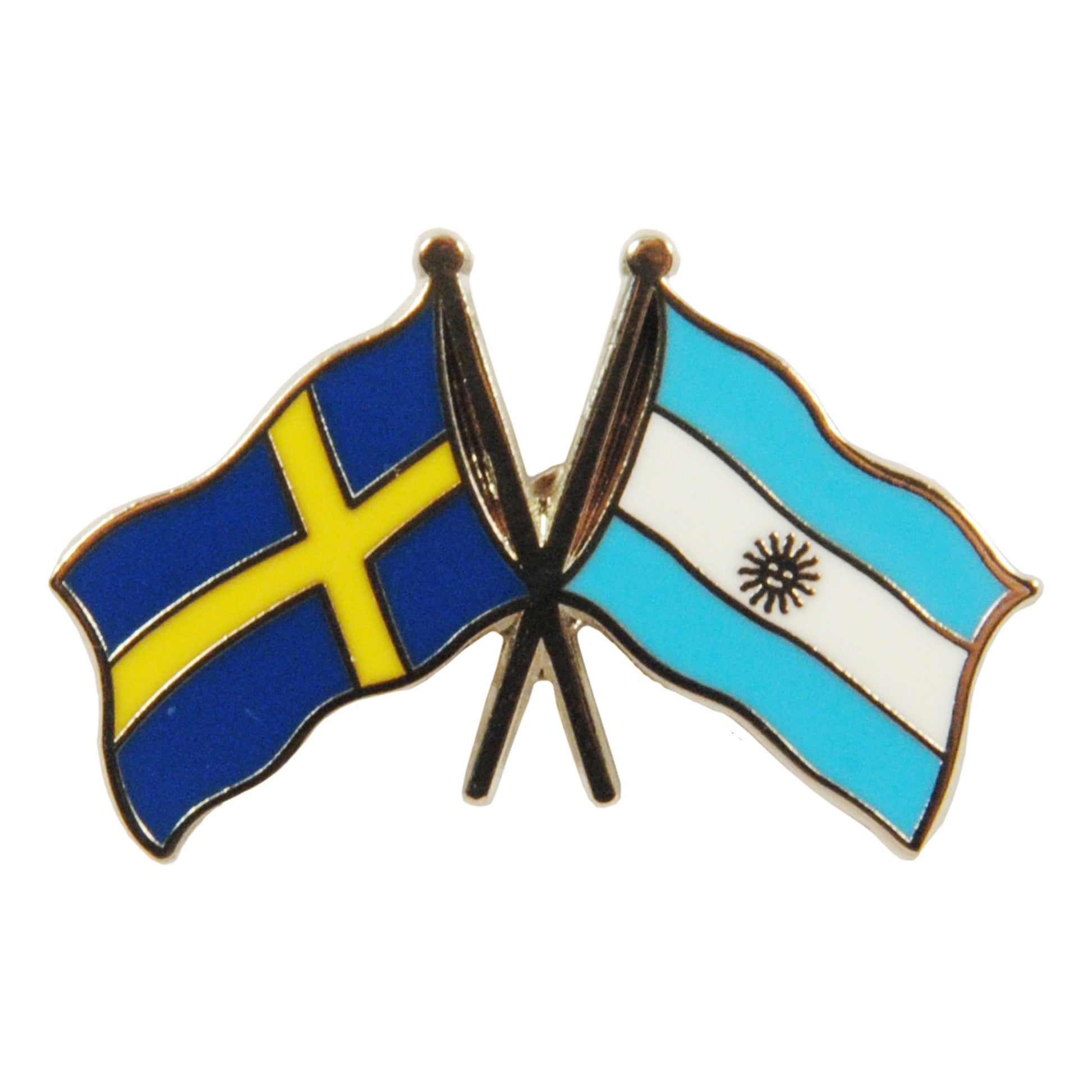 Vänskapspin i emalj med svenska och argentiska flaggan bredvid varandra