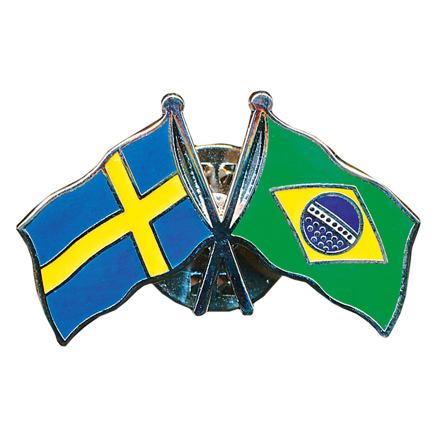 Vänskapspin i emalj med svenska och brasilianska flaggan bredvid varandra