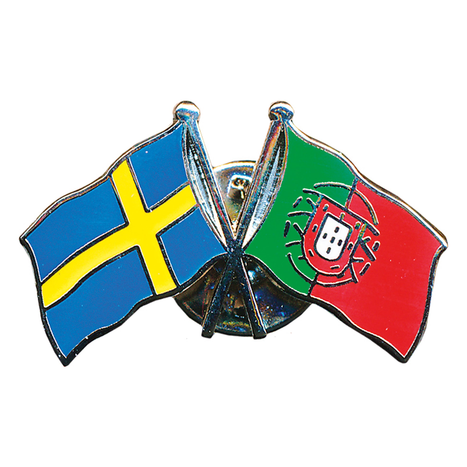 Vänskapspin i emalj med svenska och portugisiska flaggan bredvid varandra.