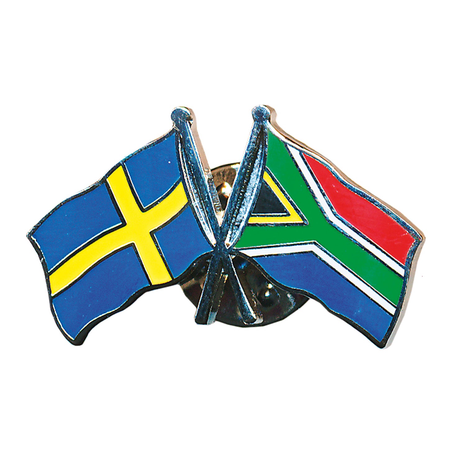 Vänskapspin i emalj med svenska och sydafrikanska flaggan bredvid varandra