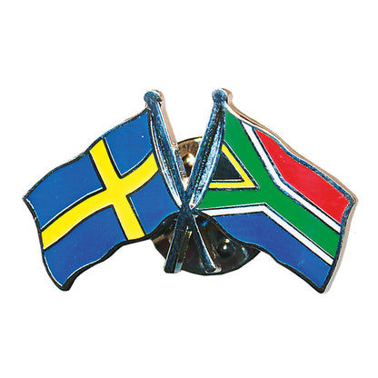 Vänskapspin i emalj med svenska och sydafrikanska flaggan bredvid varandra