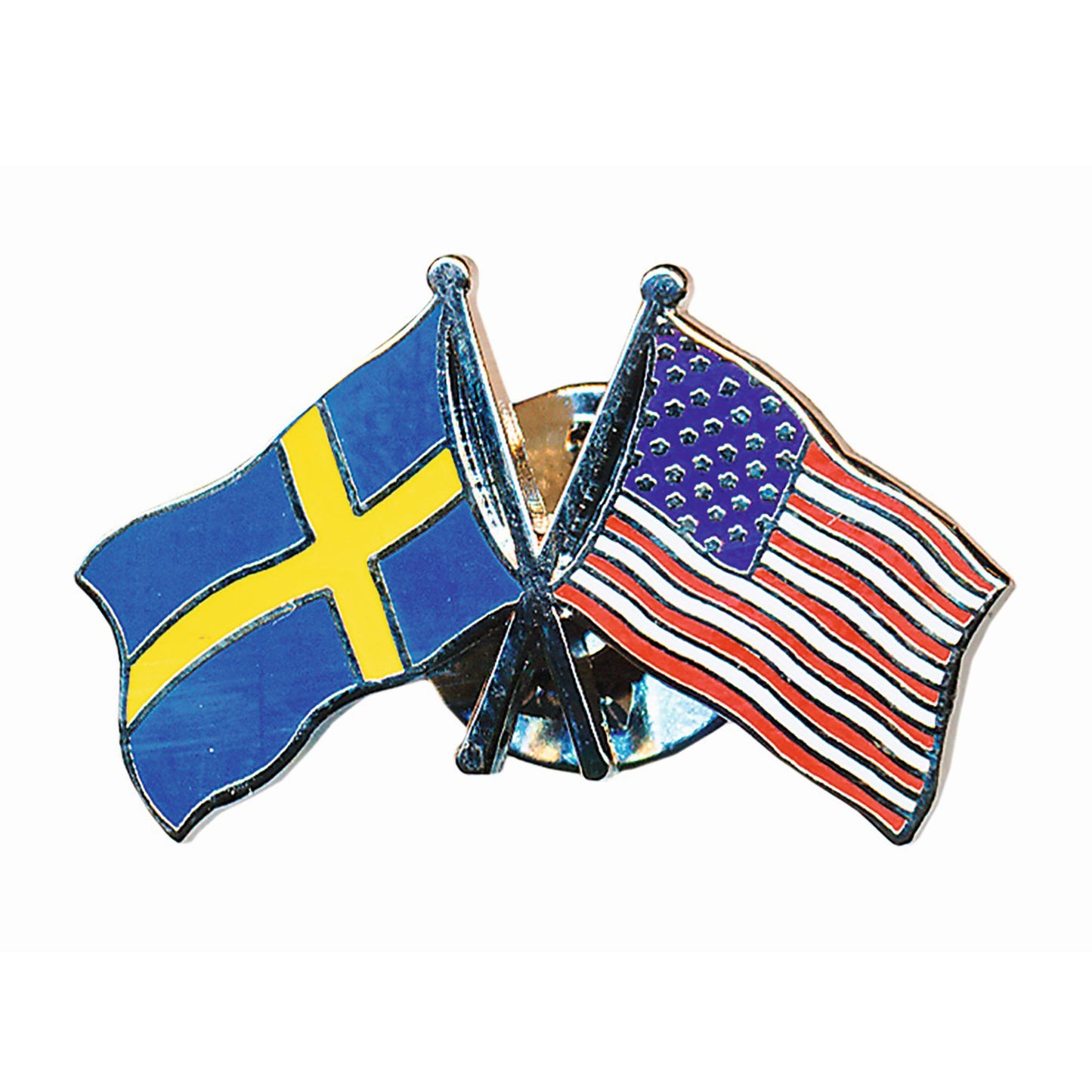 Vänskapspin i emalj med svenska och USA flaggan bredvid varandra