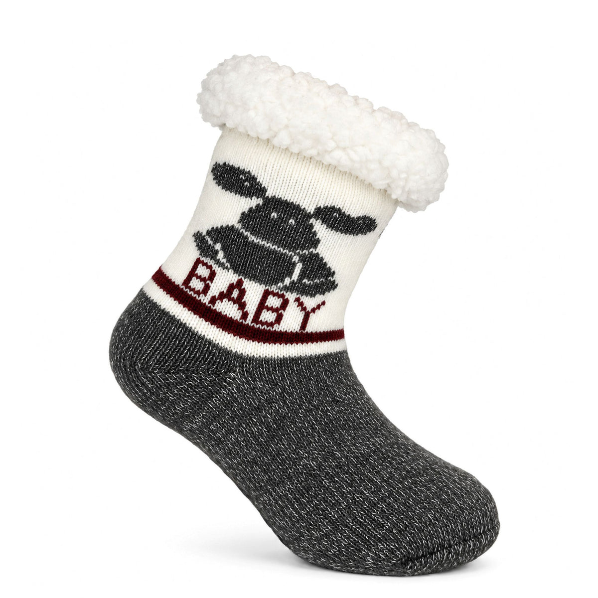 Fluffig babysocka i grått och vitt med motiv av en söt älg och texten Baby. 