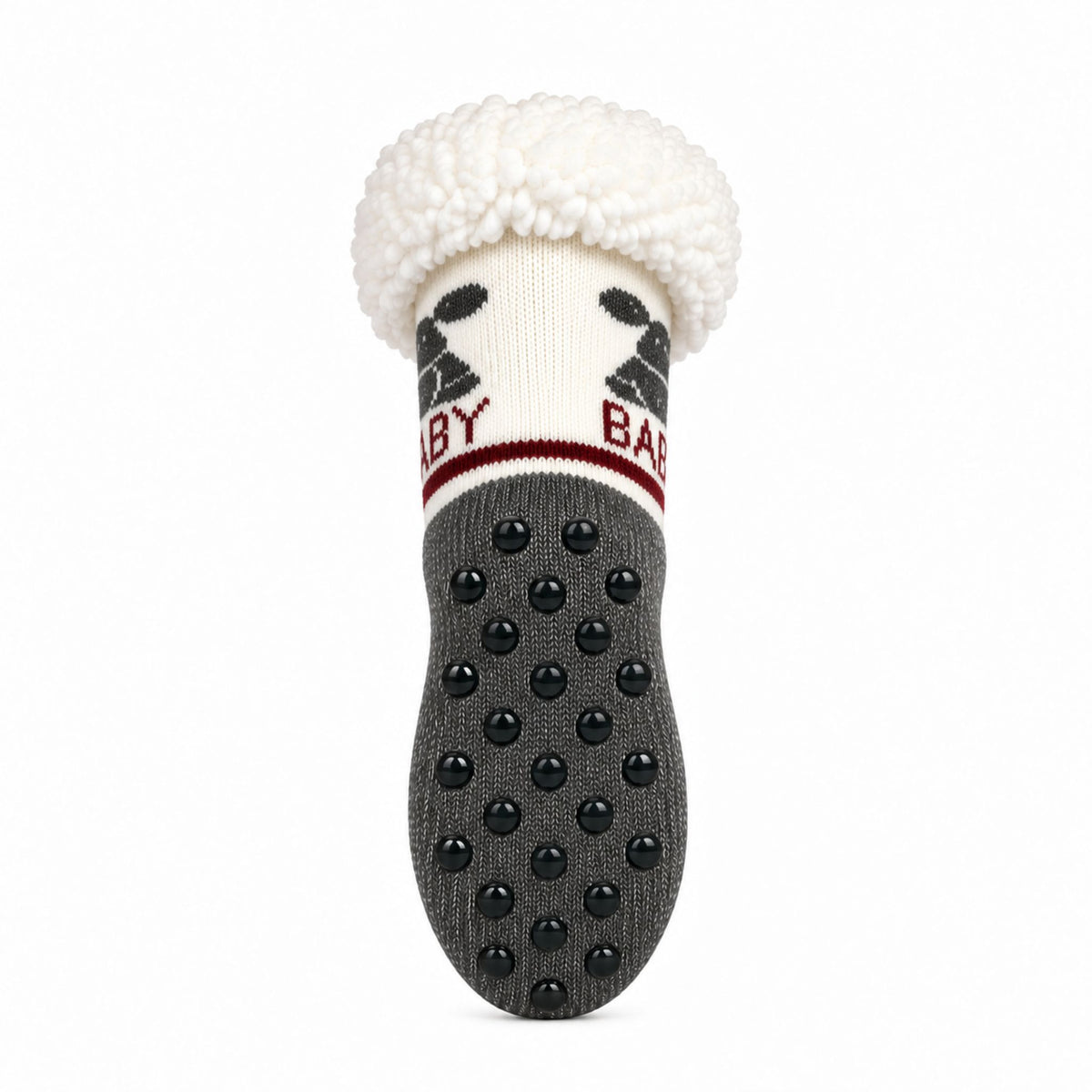 Halkskyddet (ABS-sulan) under fluffig socka i grått och vitt med motiv av en söt älg och texten Baby. 
