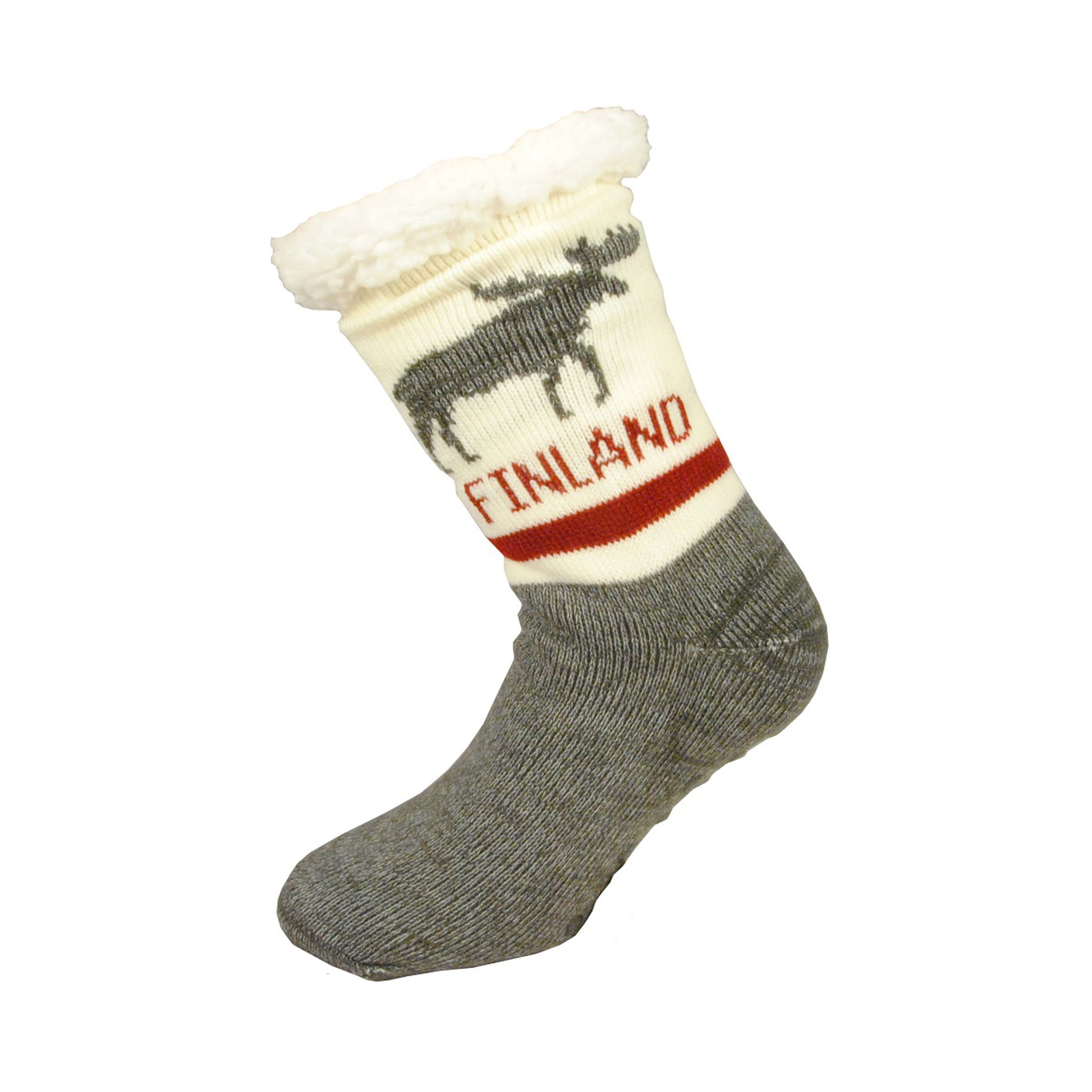 Grå och vit varm socka med älgmotiv, texten "Finland" i rött och halkskydd.