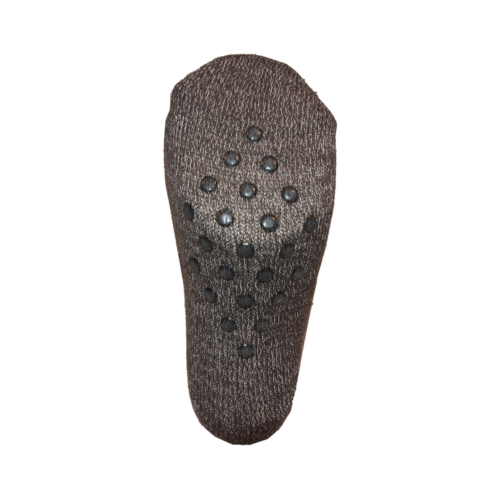 Undersidan av grå socka med älgmotiv, visar halkskyddet som består av grå halkprickar mot grå bakgrund.