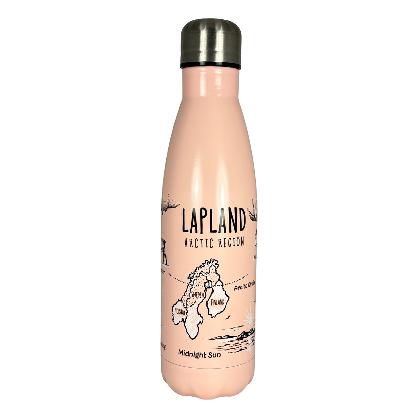 Rosa vattenflaska sedd framifrån med texten "Lapland Arctic Region", en illustration av midnattssolen och en karta över norra Skandinavien med markerad polcirkel.