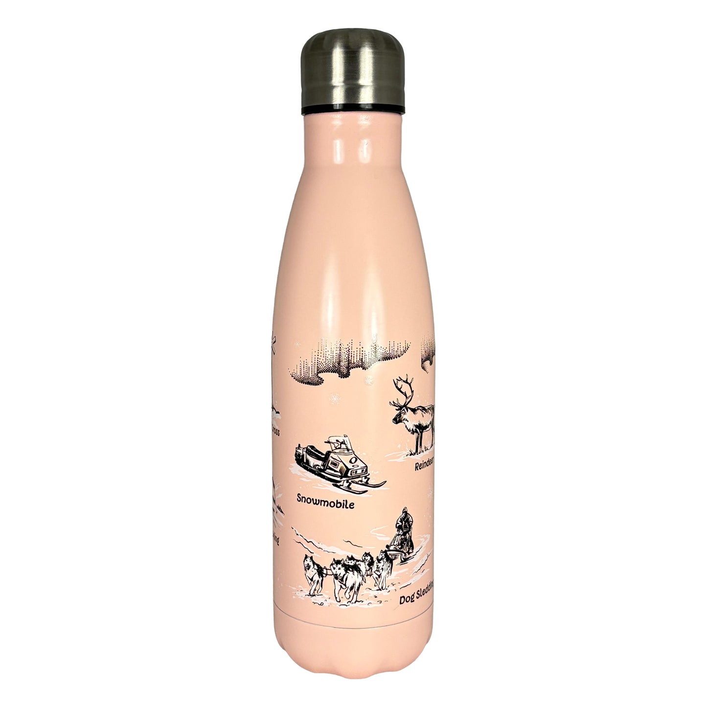 Baksidan av den rosa flaskan med svartvita illustrationer av en ren, norrsken, snöskoter och hundspann.