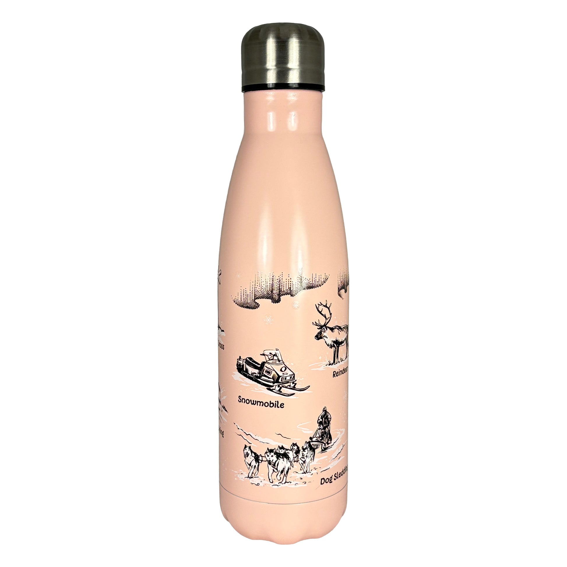 Baksidan av den rosa flaskan med svartvita illustrationer av en ren, norrsken, snöskoter och hundspann.