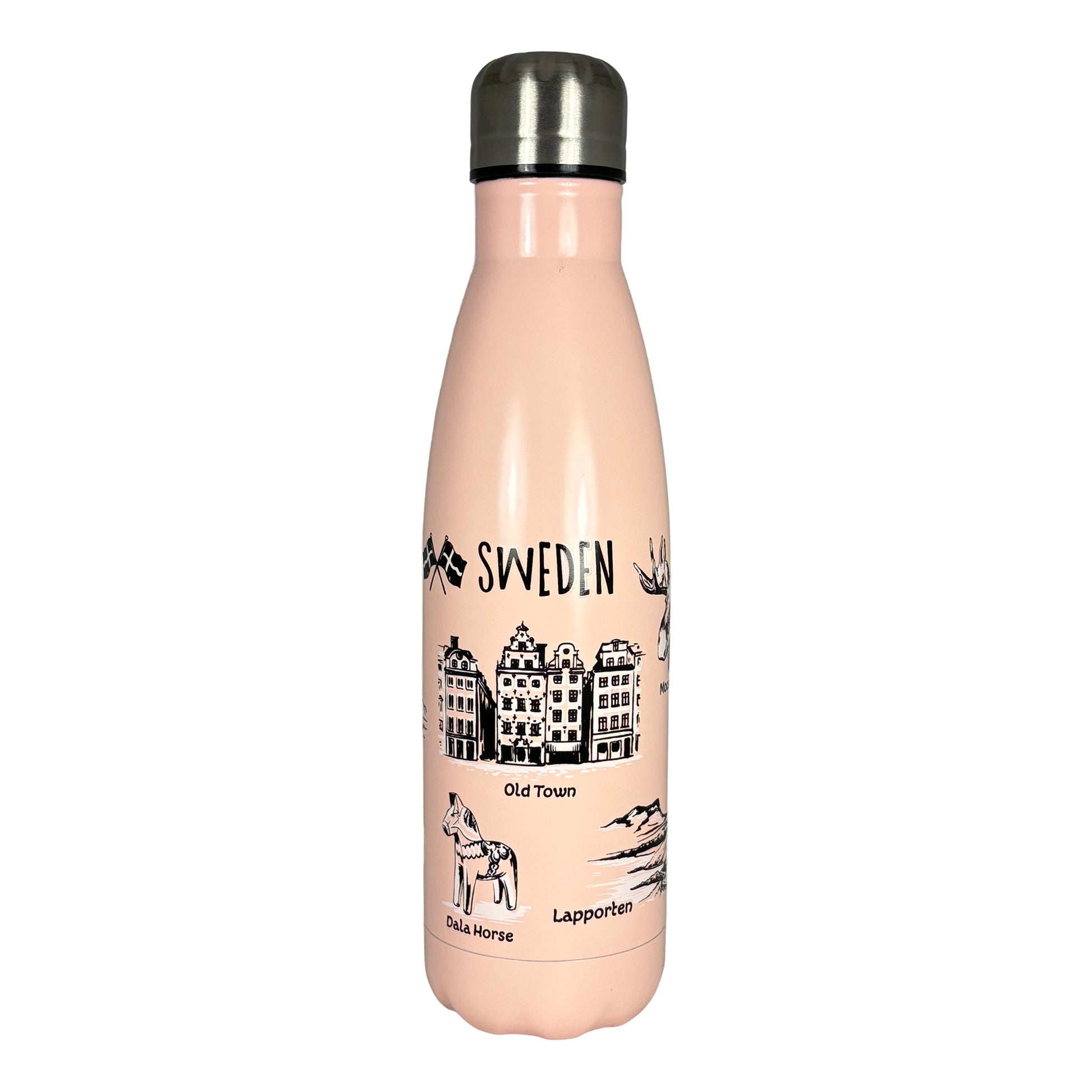 Rosa vattenflaska med svartvita illustrationer och texten "Sweden". Motiven inkluderar bland annat en dalahäst, älg, gamla stan och svenska flaggor.