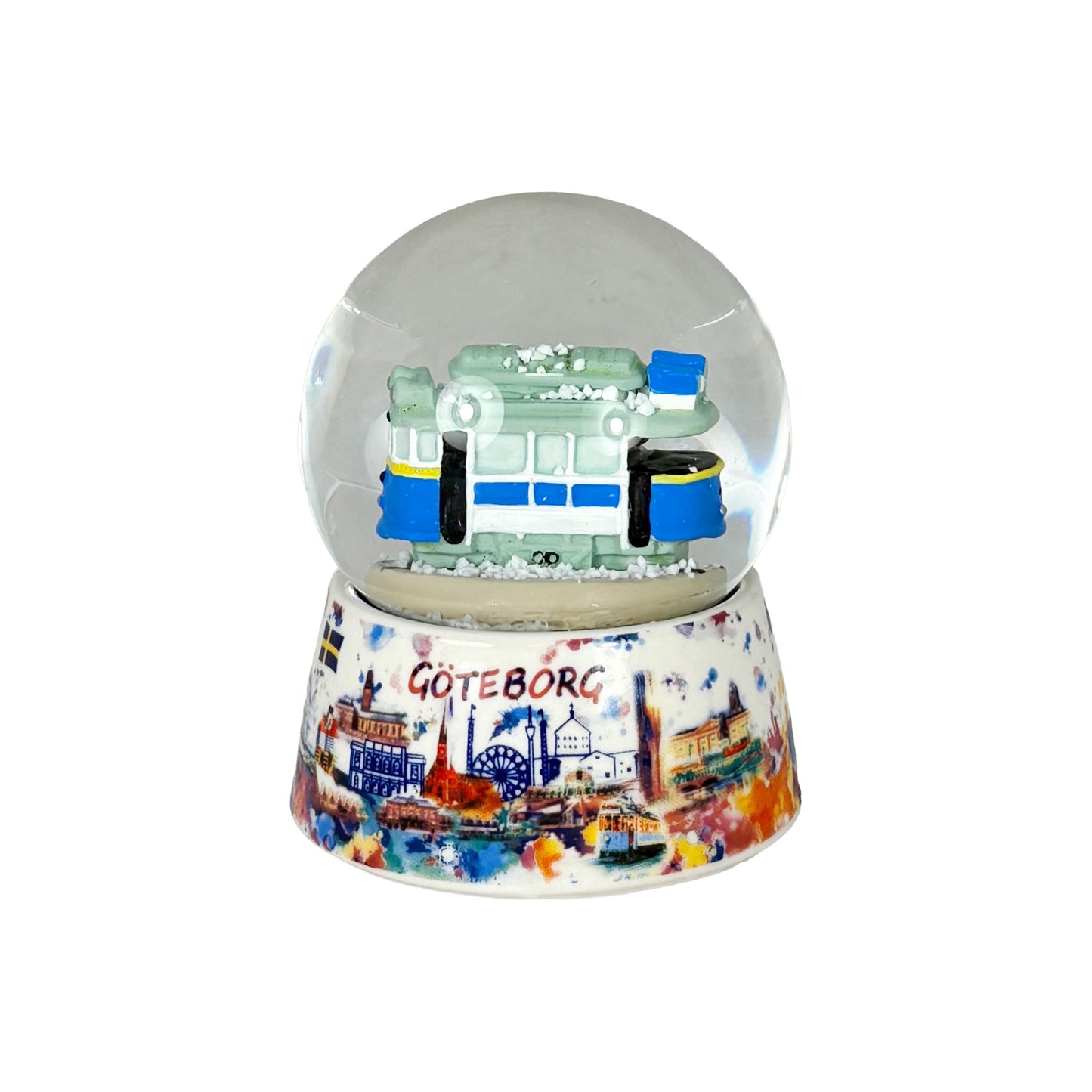 Vattenglob med en klassisk spårvagn från Göteborg inuti, utan snö.

