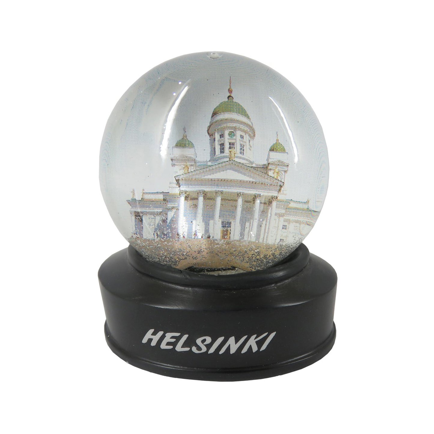 Vattenglob med glitter och Helsingfors Domkyrka, svart sockel med texten "Helsinki", storlek 7,0 x 8,3 cm.