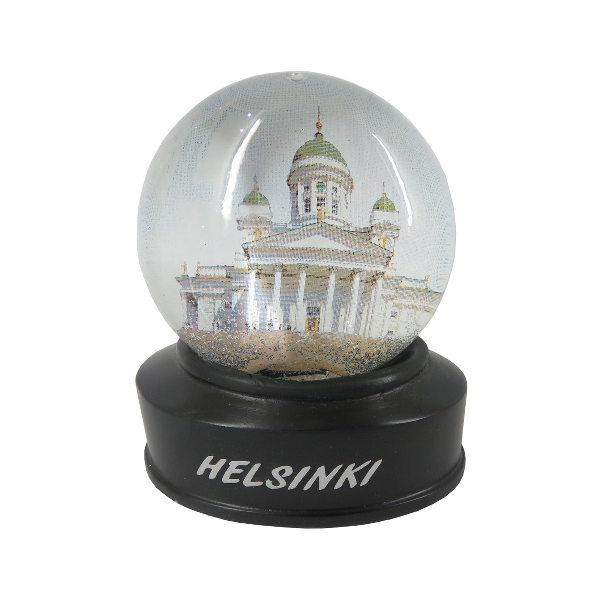 Vattenglob med glitter och Helsingfors Domkyrka, svart sockel med texten "Helsinki", storlek 7,0 x 8,3 cm.