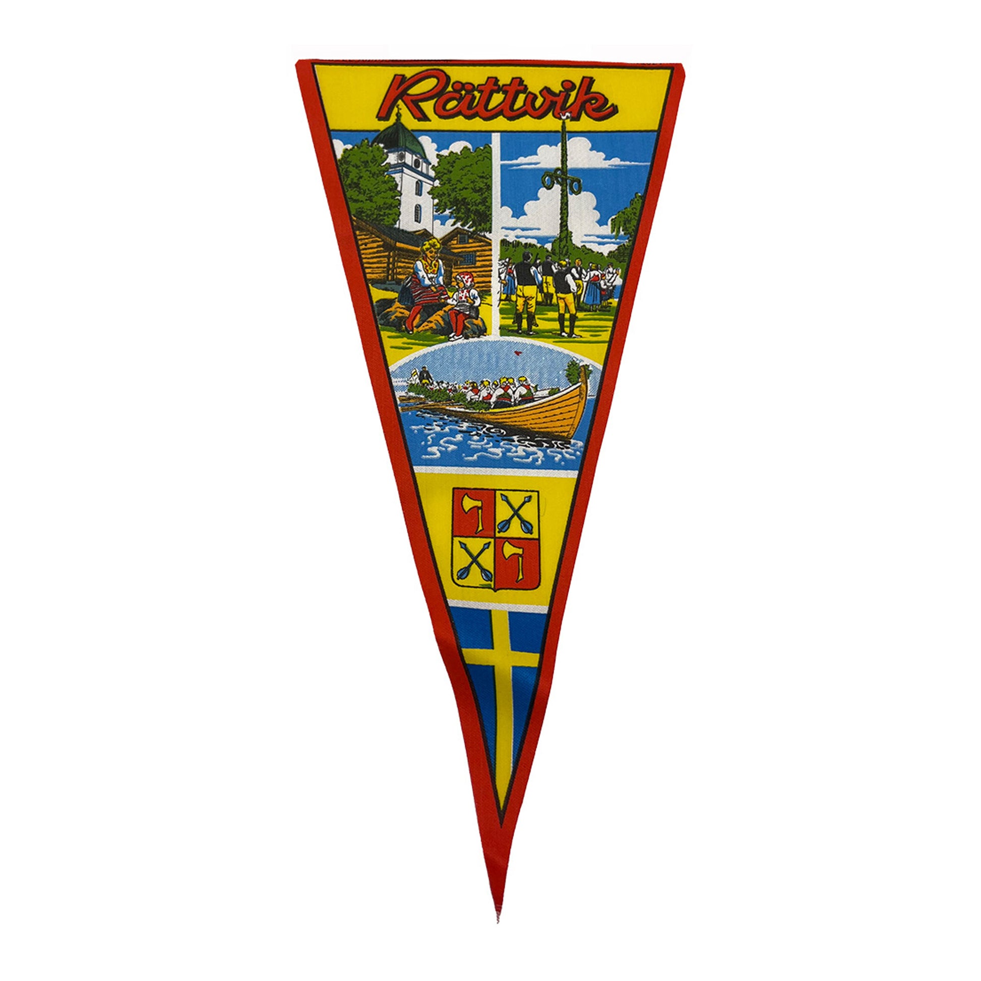 Triangelformad vimpel från Rättvik med motiv av folk i traditionella folkdräkter, omgiven av naturskönt landskap. Vimpeln har ett snöre upptill för upphängning.