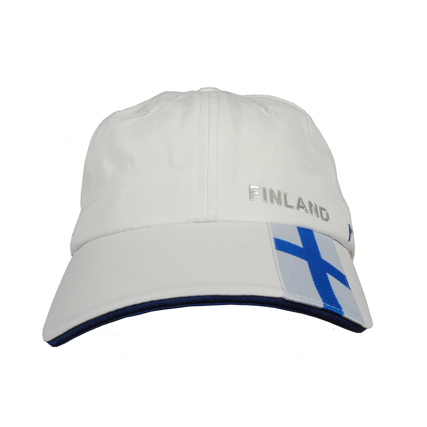 Vit sportkeps med finsk flagga och texten "Finland." Produkten har dessvärre utgått. 