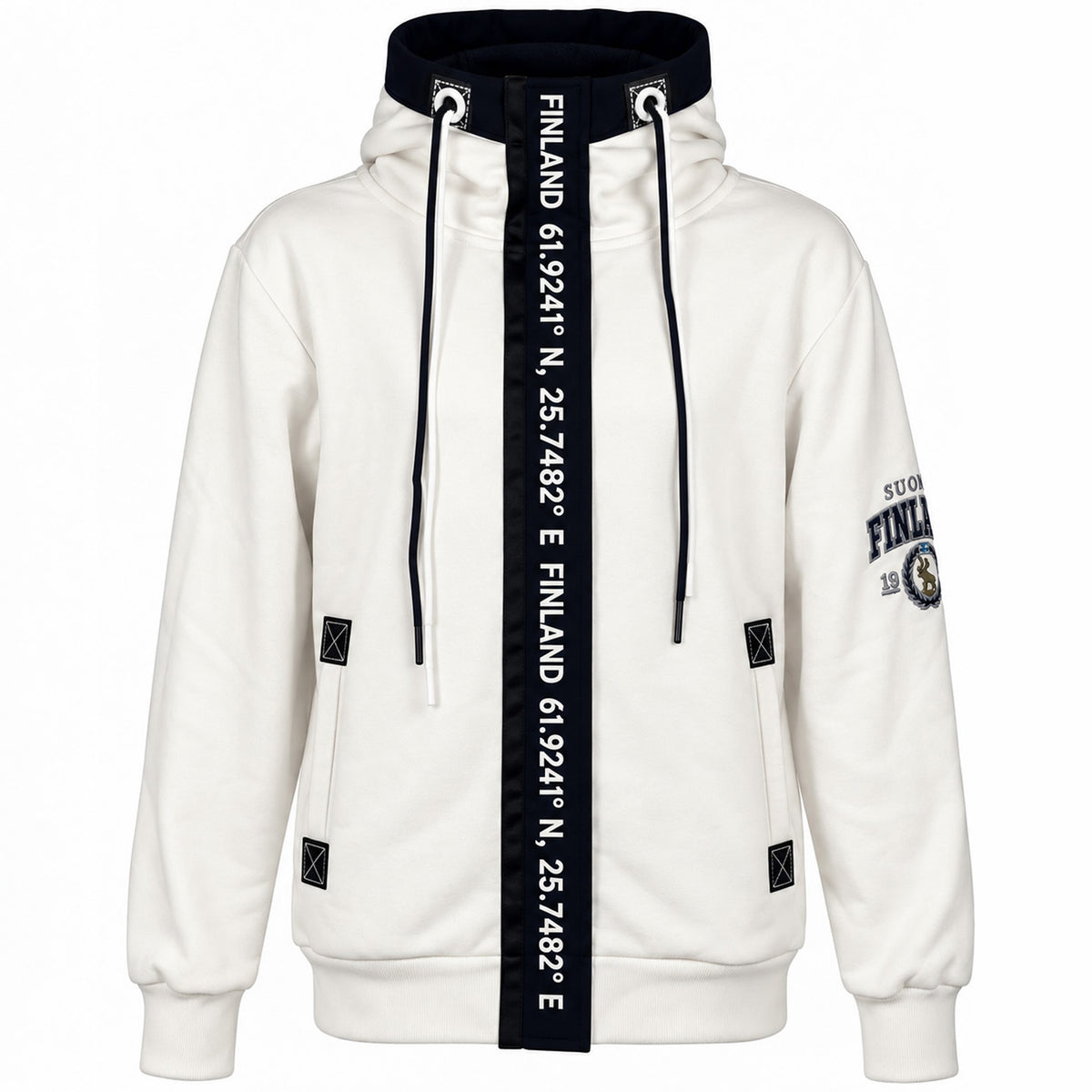 Vit Zipper Hoodie med marinblå krage, rem med texten FINLAND och finska koordinater samt tryck på ärmen. 