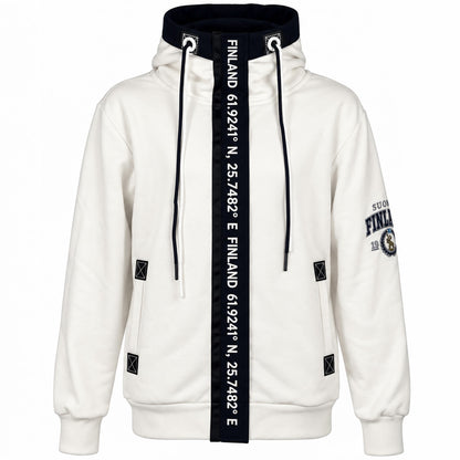 Vit Zipper Hoodie med marinblå krage, rem med texten FINLAND och finska koordinater samt tryck på ärmen. 