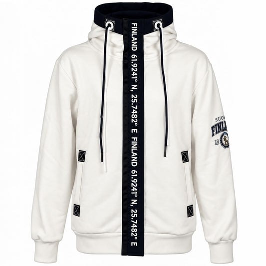 Vit Zipper Hoodie med marinblå krage, rem med texten FINLAND och finska koordinater samt tryck på ärmen. 