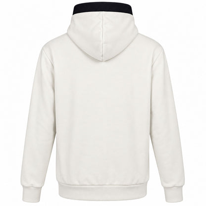 Baksidan av vit Zipper Hoodie med huva, långa ärmar och ribbade muddar. 