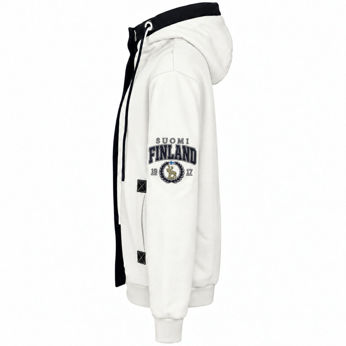 Sidovy av vit Zipper Hoodie med marinblå detaljer och tryck på ärmen. 