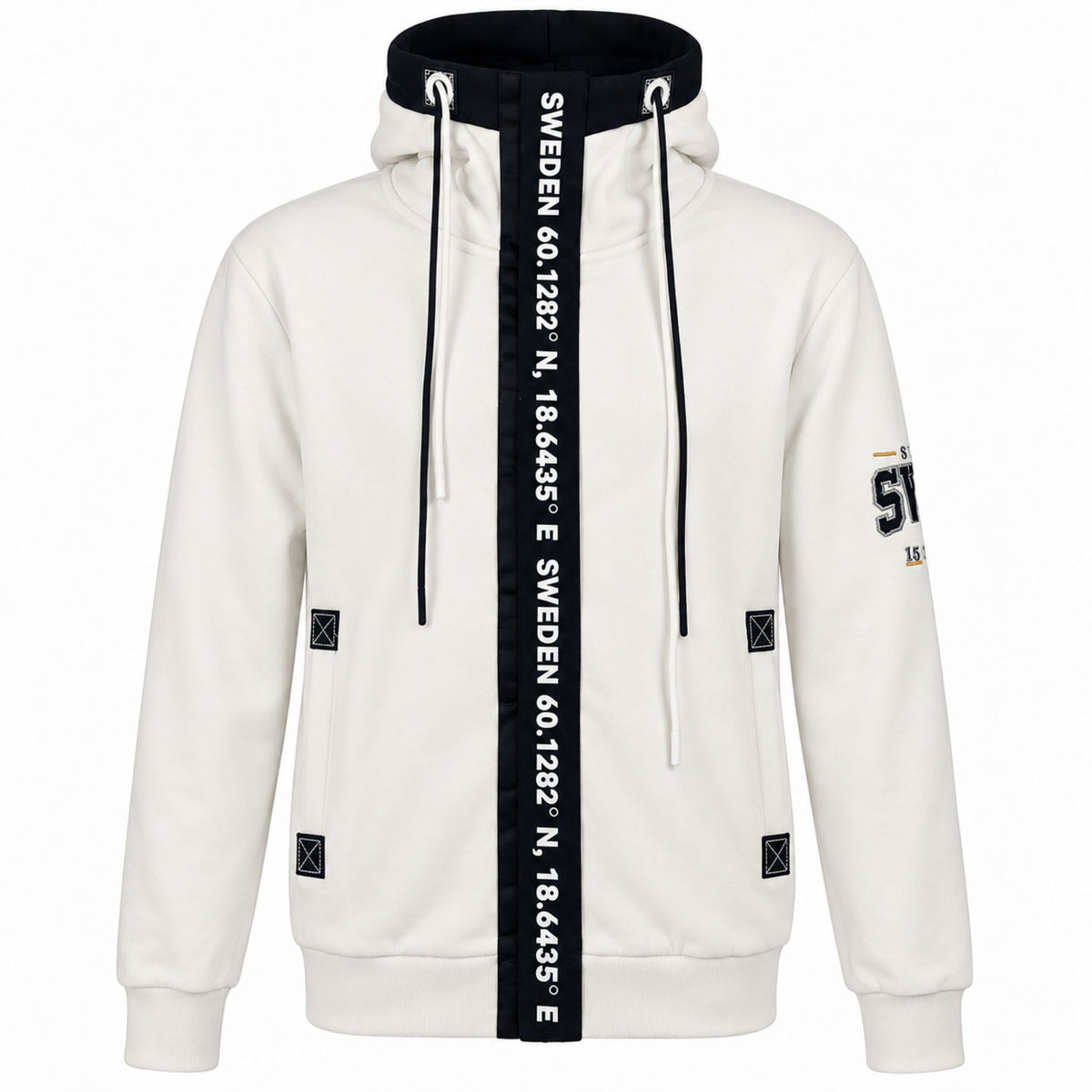 Vit Zipper Hoodie med marinblå krage och rem med texten SWEDEN och Sveriges geografiska koordinater. 