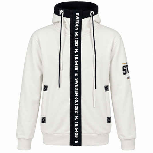Vit Zipper Hoodie med marinblå krage och rem med texten SWEDEN och Sveriges geografiska koordinater. 