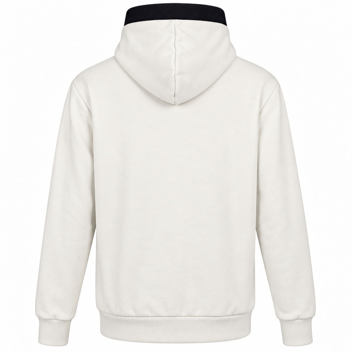 Vit Zipper Hoodie sedd bakifrån. Huvan är vit med marinblå kant. 