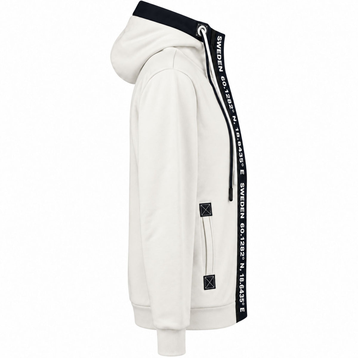 Vit Zipper Hoodie med marinblå detaljer sedd från sidan. 